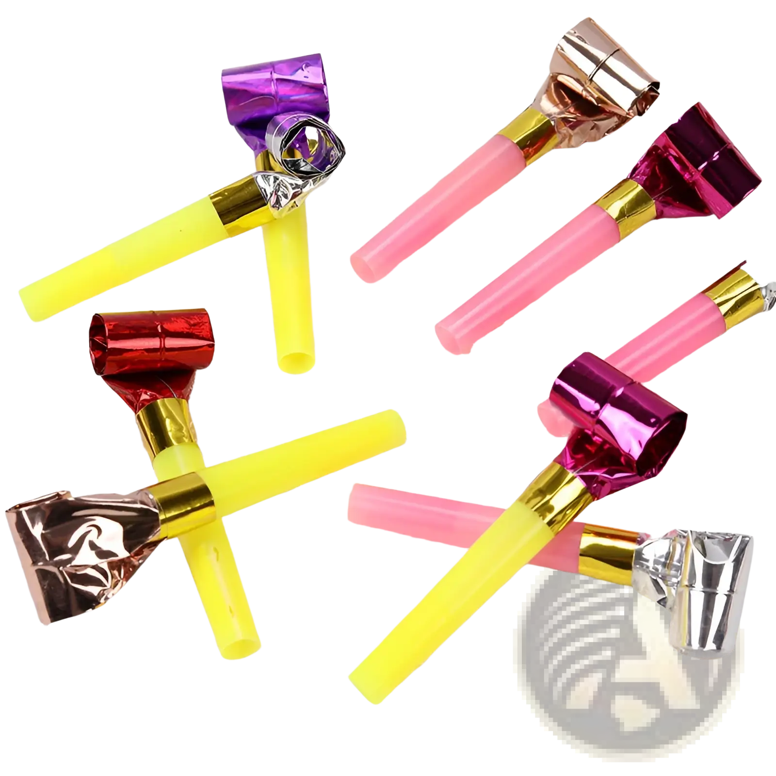 Party blower noisemakers for kids birthdays 10 pack with colorful plastic handles and shiny metallic tops in various colors