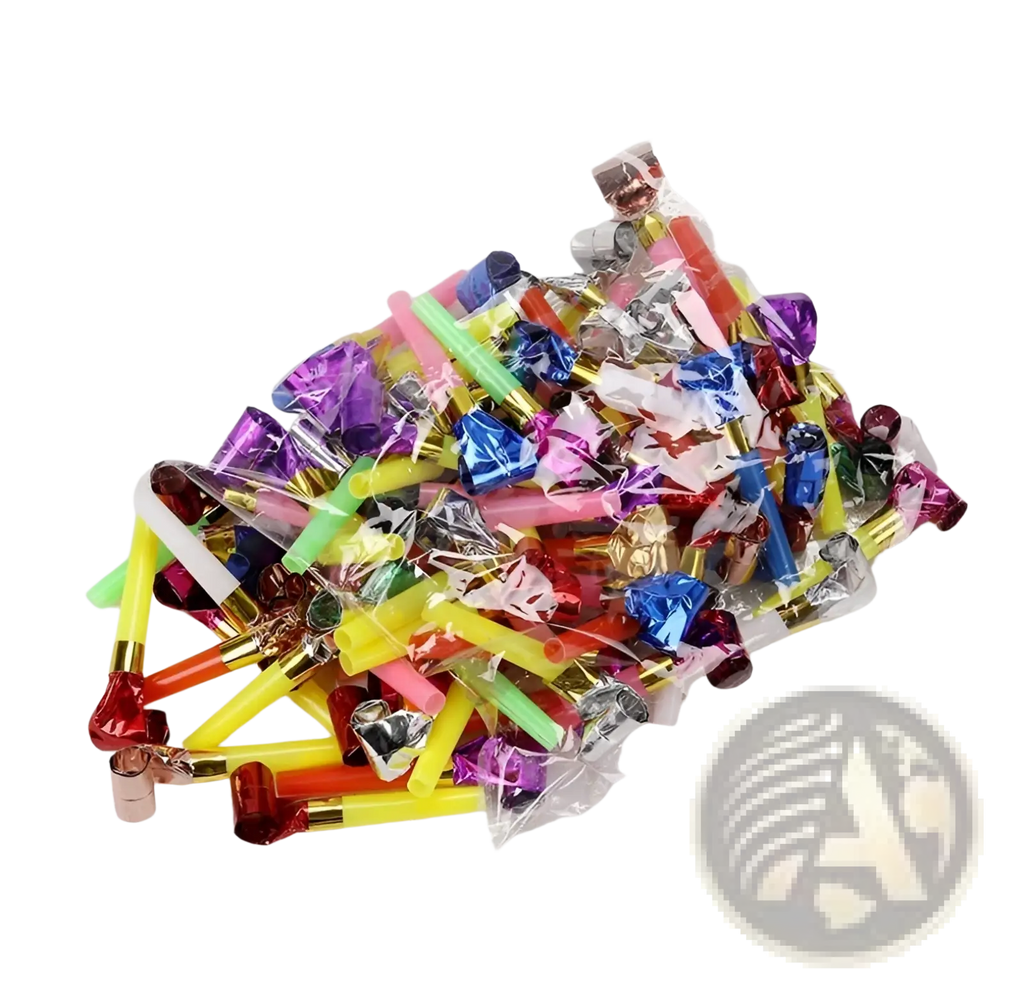 A colorful assortment of party blower noisemakers in metallic and plastic finishes for kids birthdays 10 pack