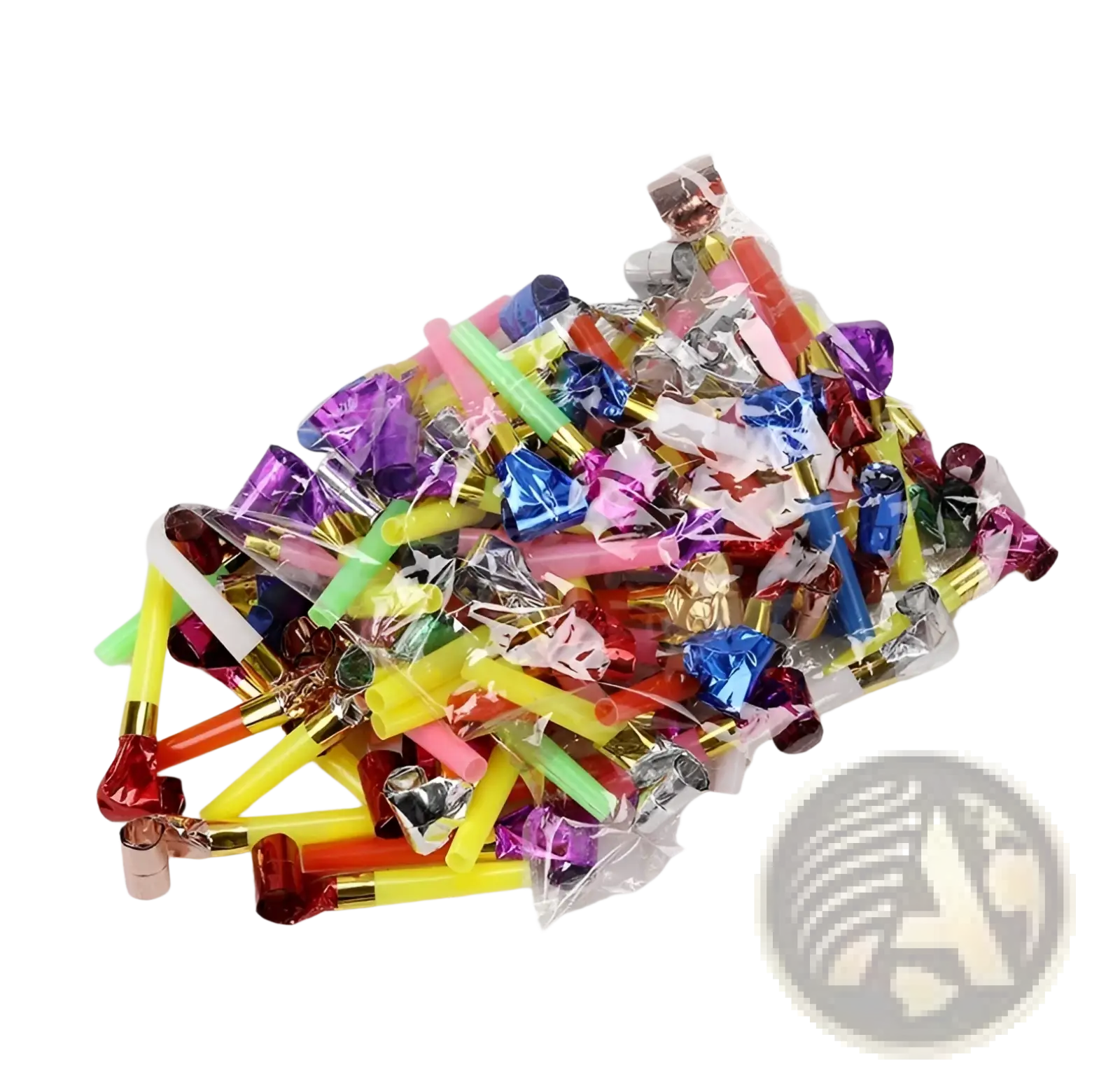 A colorful assortment of party blower noisemakers in metallic and plastic finishes for kids birthdays 10 pack