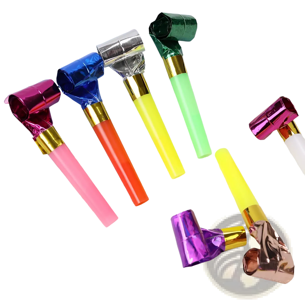 A set of colorful party blower noisemakers with shiny metallic tops and gold accents for kids birthdays 10 pack