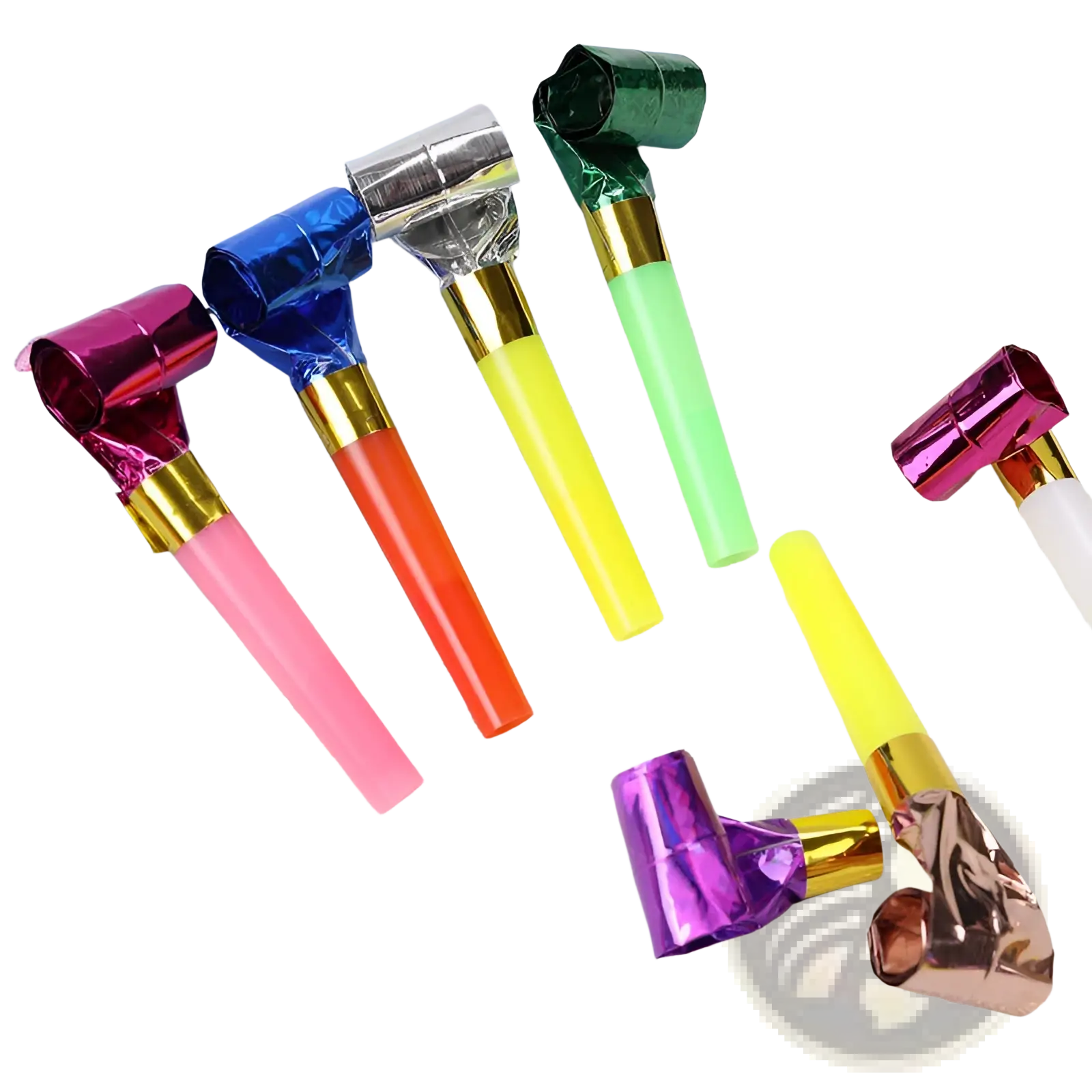 A set of colorful party blower noisemakers with shiny metallic tops and gold accents for kids birthdays 10 pack
