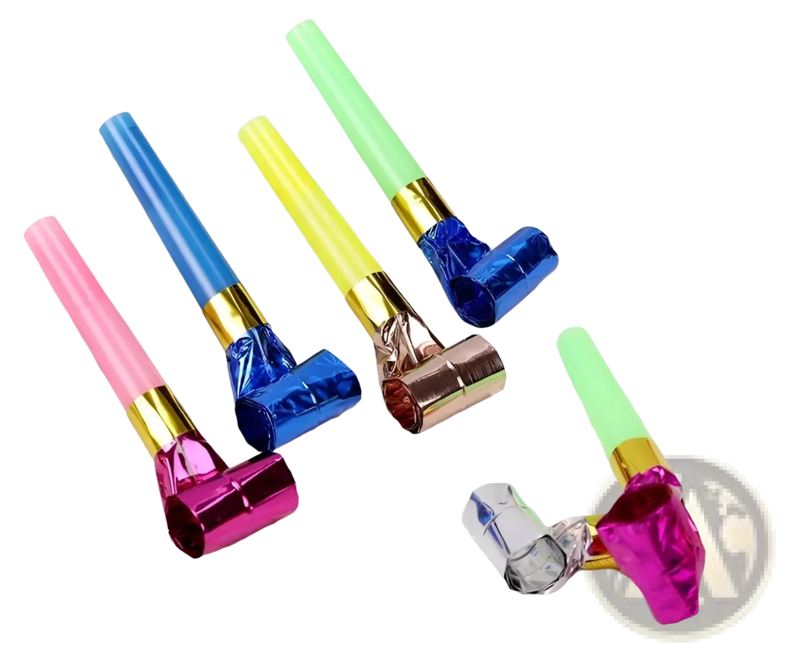 A set of colorful party blower noisemakers with shiny metallic finishes and gold accents for kids birthdays 10 pack