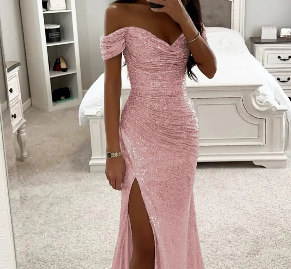 Off the shoulder pink sequined mermaid gown with high slit and shimmering fabric for elegant occasions