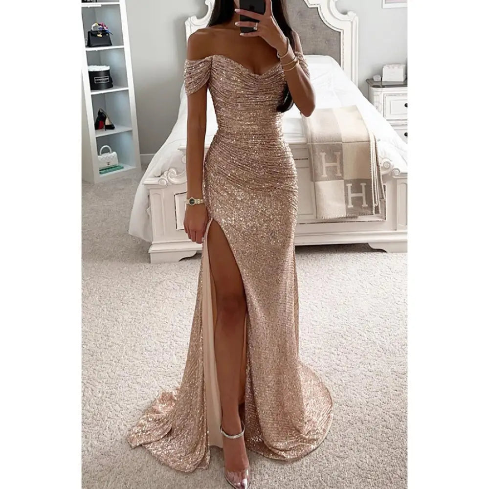 Off the shoulder sequin split mermaid gown in shimmering rose gold with fitted silhouette and high slit