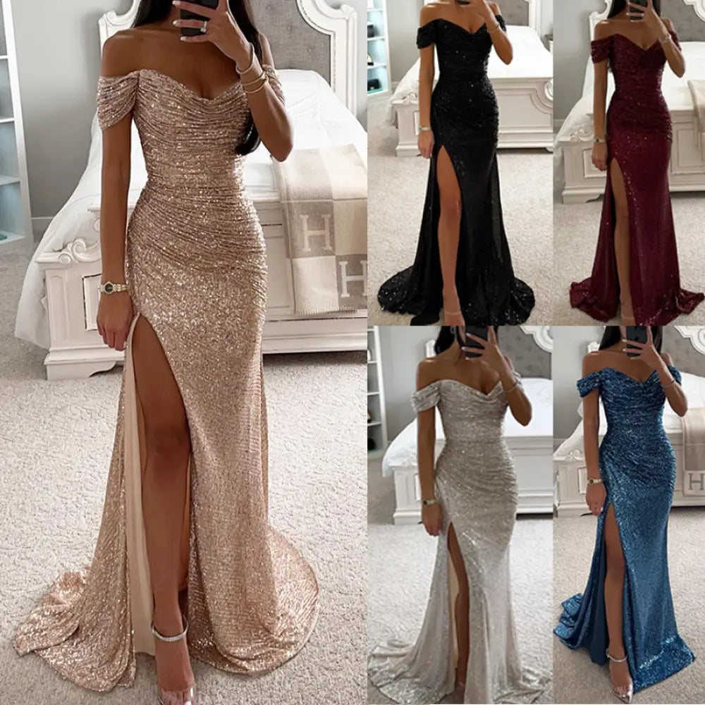 A shimmering rose gold sequined off the shoulder mermaid gown with a high slit and fitted silhouette
