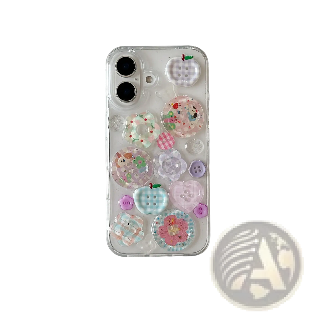 Back side of pastels button clear iPhone case with colorful translucent button charms in playful patterns