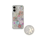 Back side of pastels button clear iPhone case with colorful translucent button charms in playful patterns