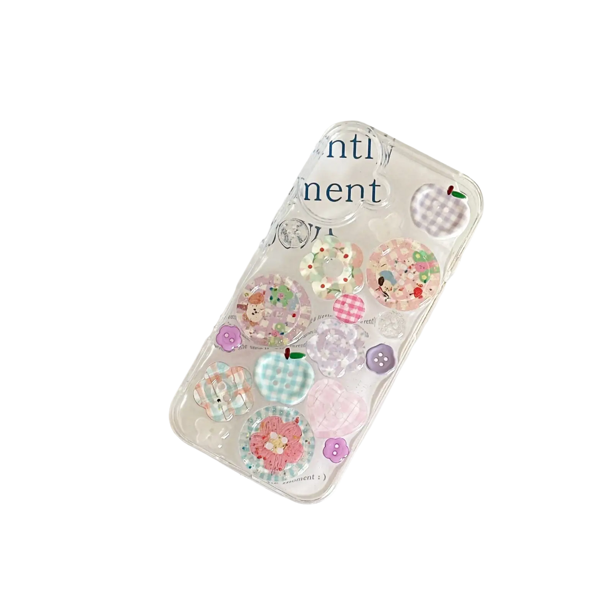 Clear iphone case showing the back side adorned with pastel colorful patterned button-like embellishments