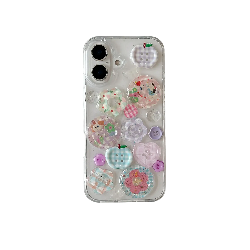 Back side of pastels button clear iPhone case with colorful translucent button charms in playful patterns