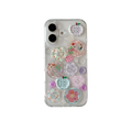 Back side of pastels button clear iPhone case with colorful translucent button charms in playful patterns