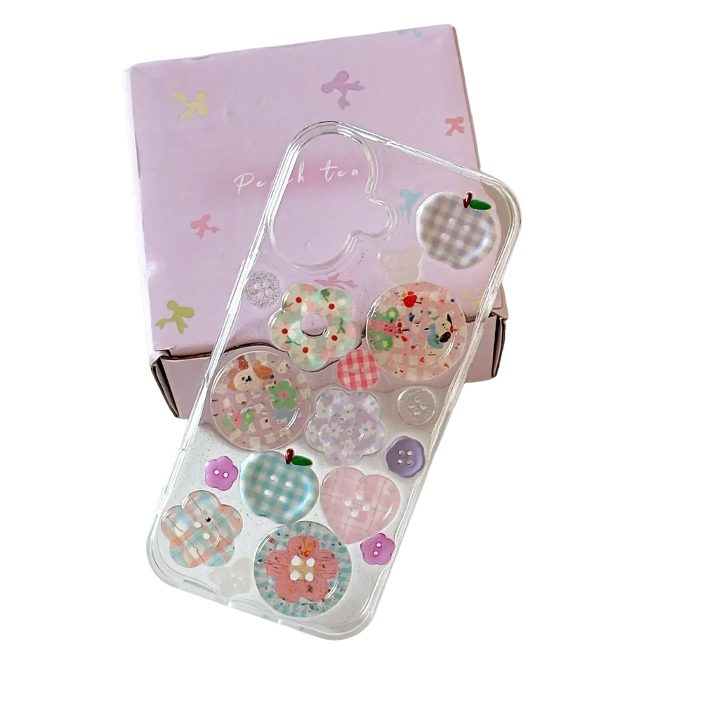 Clear iphone case with colorful pastel translucent button charms shown from the back side