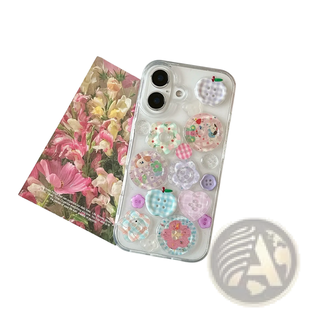 Pastel button clear iphone case showing back with colorful translucent button and flower-shaped charms in pastel shades