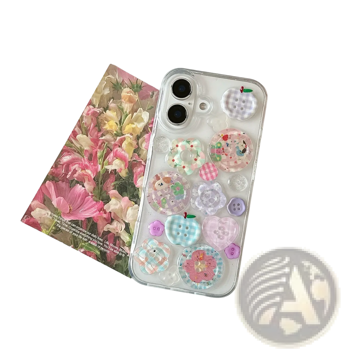 Pastel button clear iphone case showing back with colorful translucent button and flower-shaped charms in pastel shades