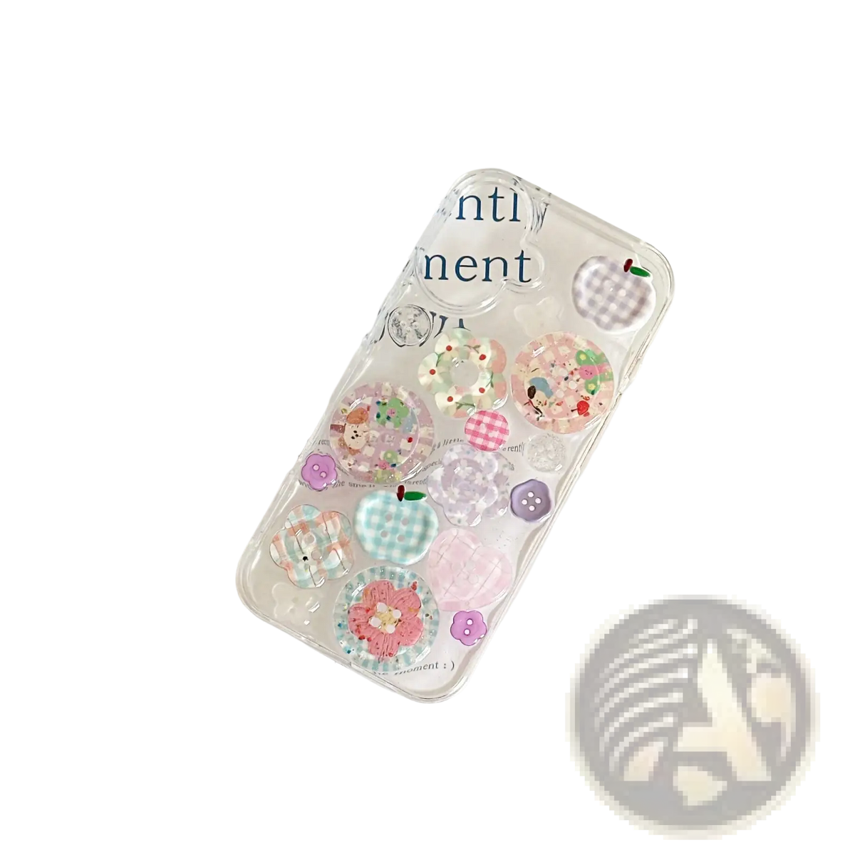 Clear iphone case showing the back side adorned with pastel colorful patterned button-like embellishments