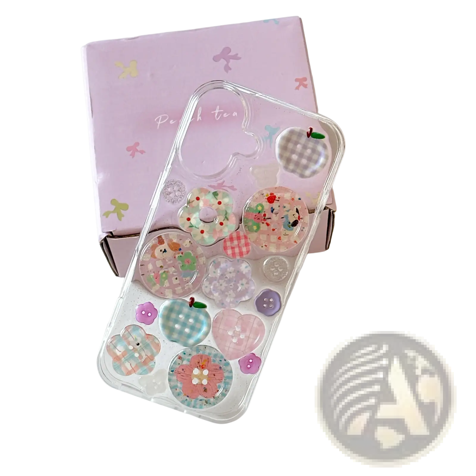 Clear iphone case with colorful pastel translucent button charms shown from the back side