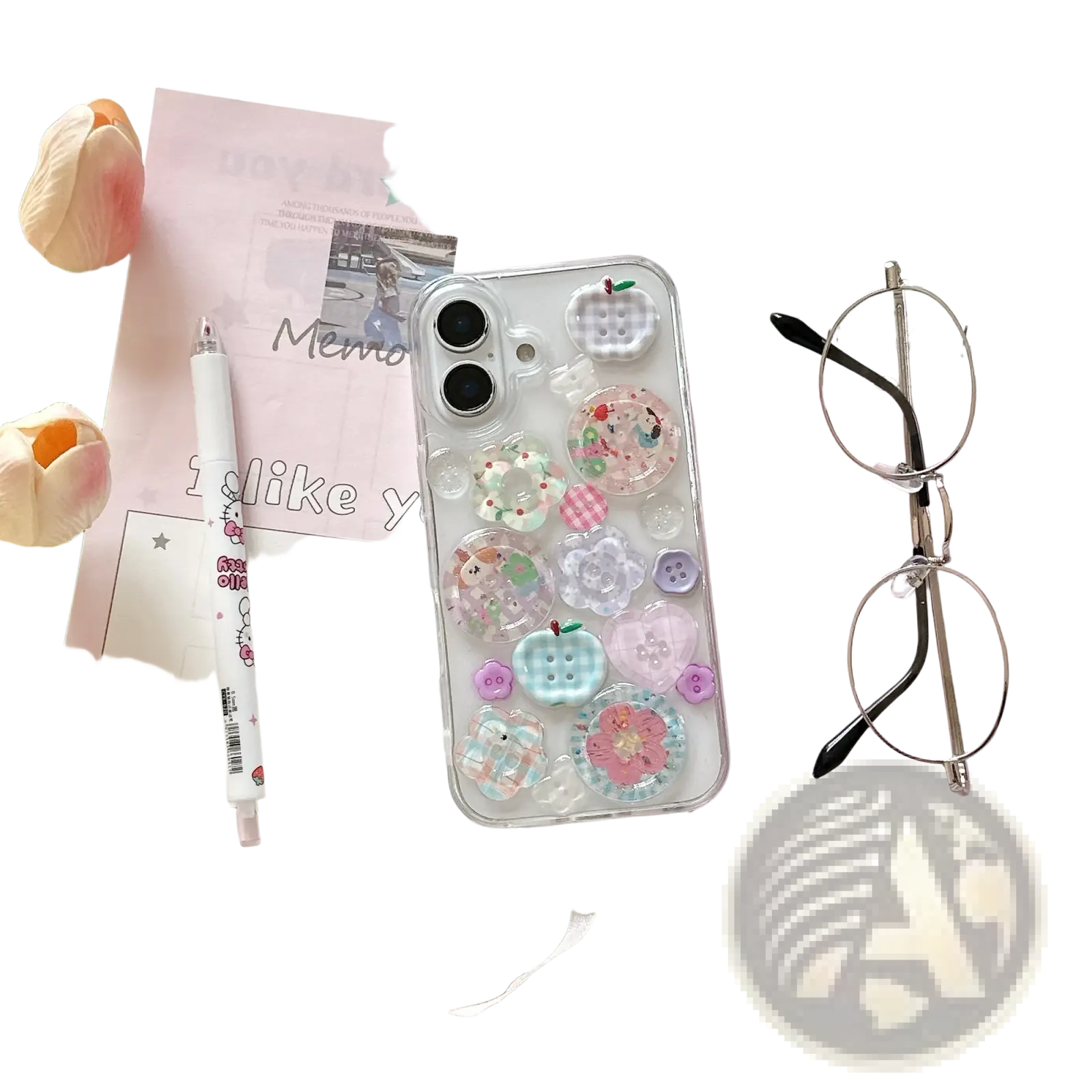 Back side of pastel button clear iPhone case featuring colorful translucent button and flower charms in pastel shades