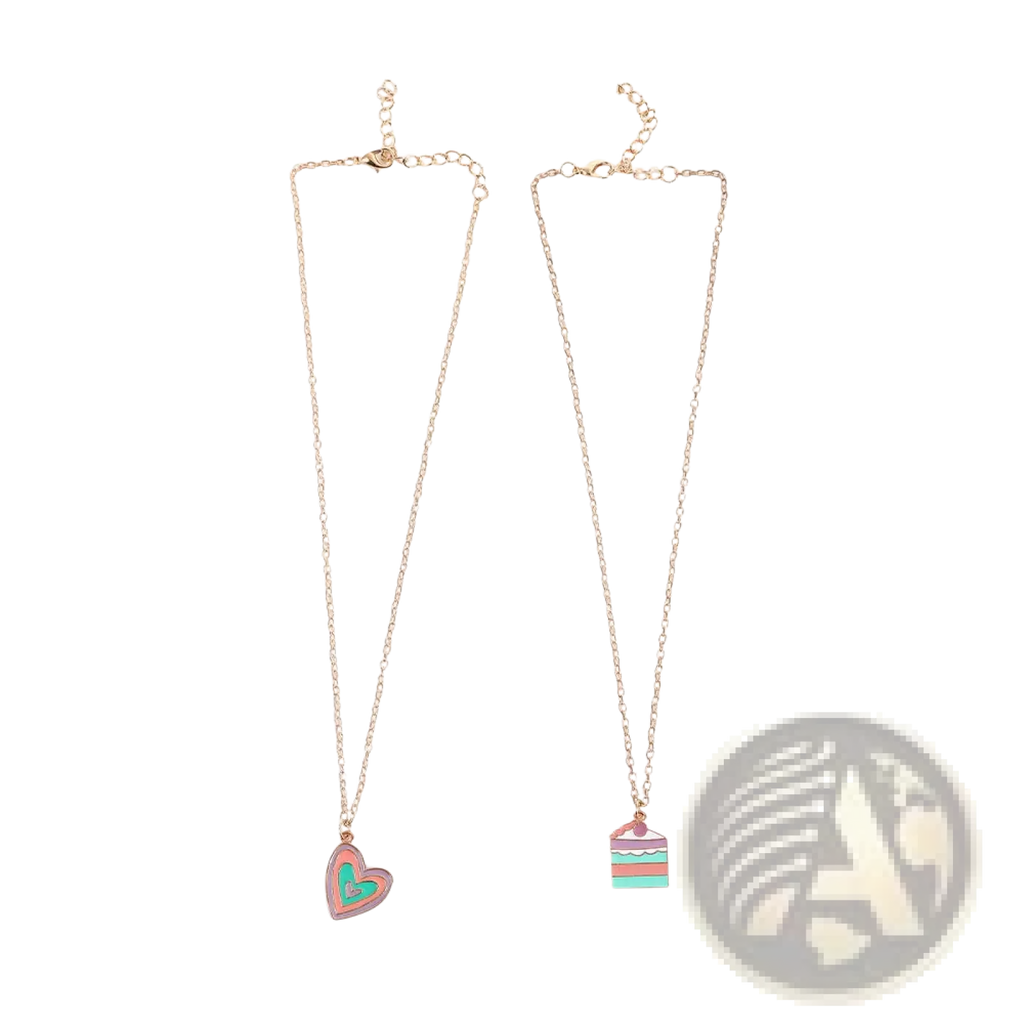 Two delicate gold-toned necklaces with a pink enamel heart and colorful layered cake pendant necklace set