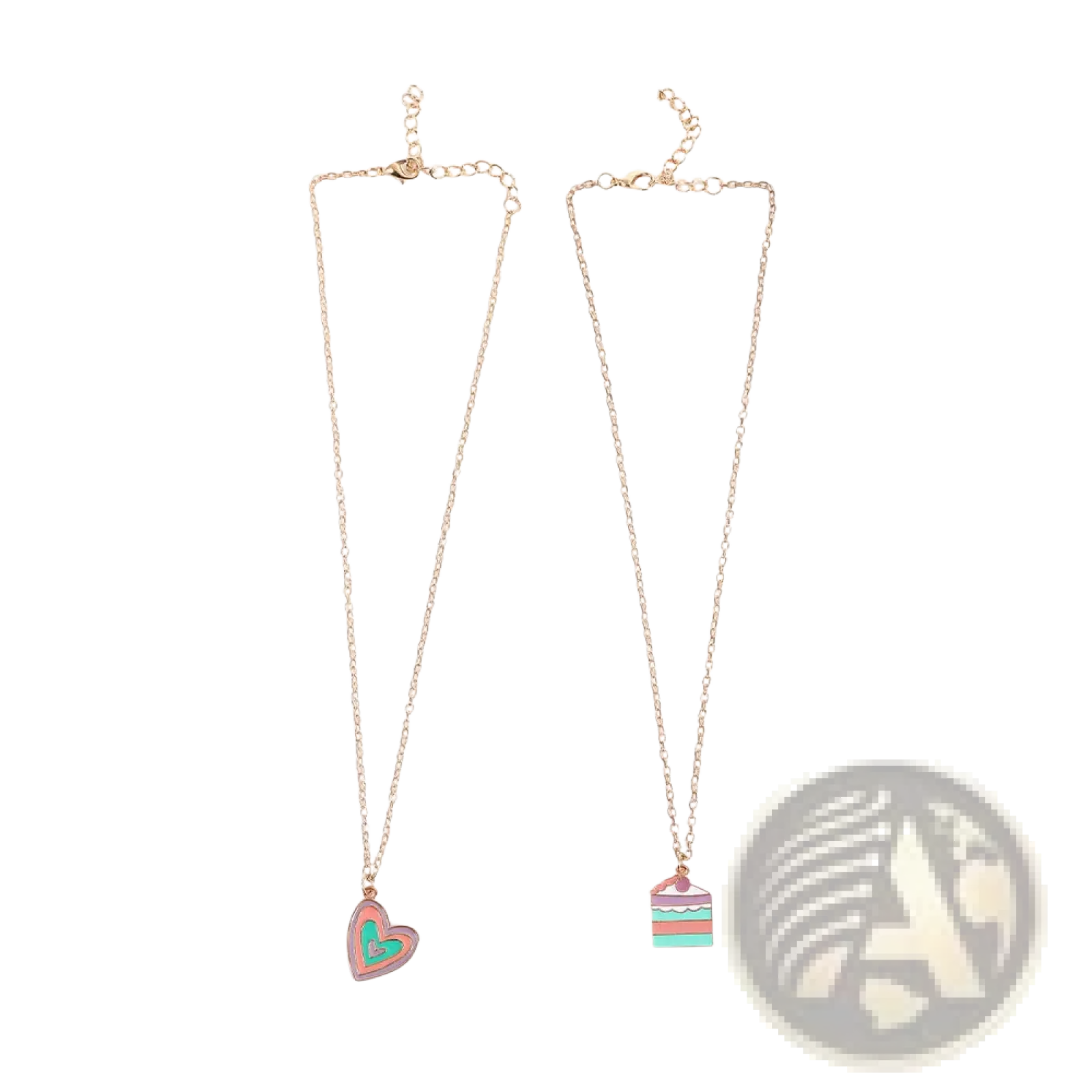 Two delicate gold-toned necklaces with a pink enamel heart and colorful layered cake pendant necklace set