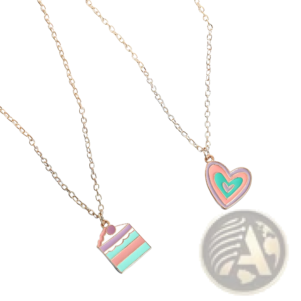 Two gold toned necklaces with pastel enamel layered heart charm and rectangular cake slice pendant necklace set