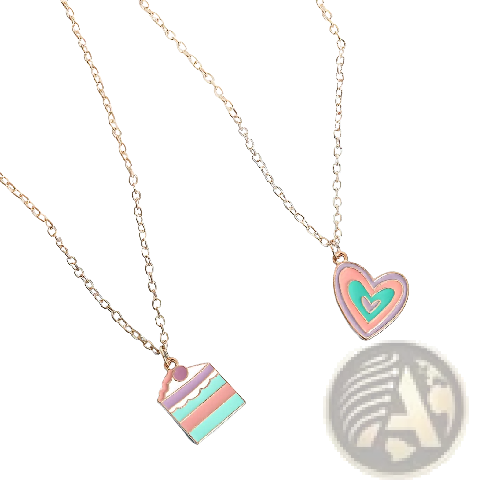 Two gold toned necklaces with pastel enamel layered heart charm and rectangular cake slice pendant necklace set