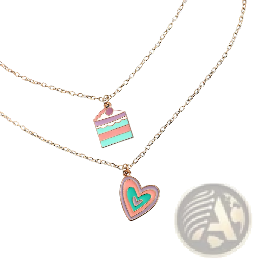 Delicate gold-toned chain necklace with pastel enamel layered cake and pink teal double-layered heart charms