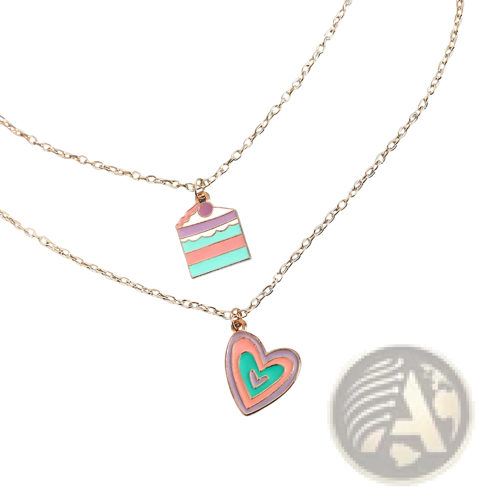 Delicate gold-toned chain necklace with pastel enamel layered cake and pink teal double-layered heart charms