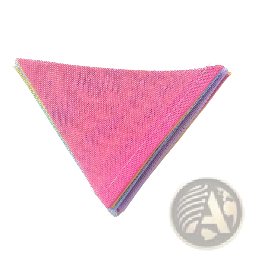 A pastel felt banner garland party decoration featuring a stack of triangular pink lavender and pastel woven fabric flags
