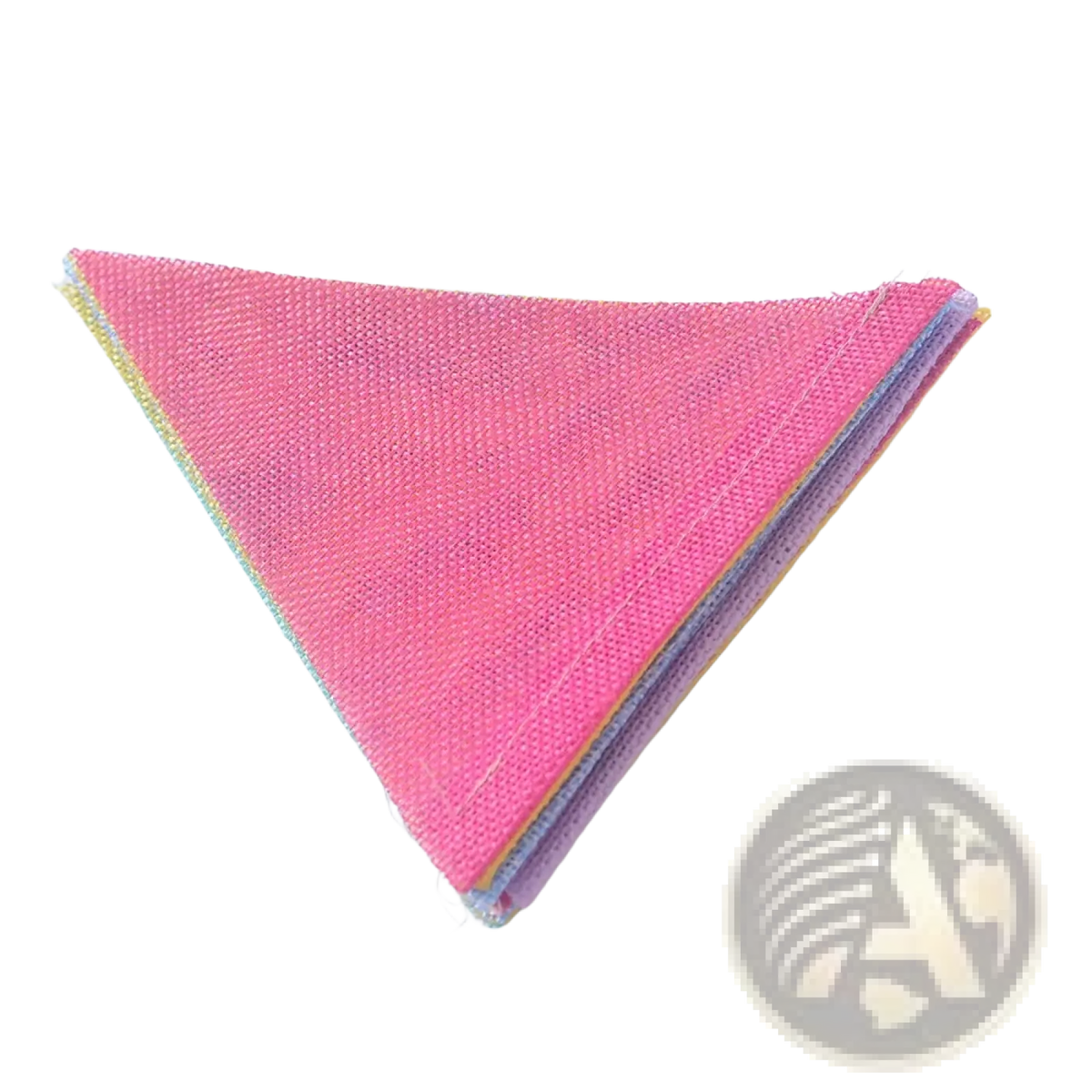 A pastel felt banner garland party decoration featuring a stack of triangular pink lavender and pastel woven fabric flags
