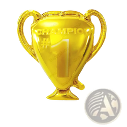 Golden foil balloon shaped like a championship trophy with champion number one embossed in pastel happy birthday letter balloon set daisy print