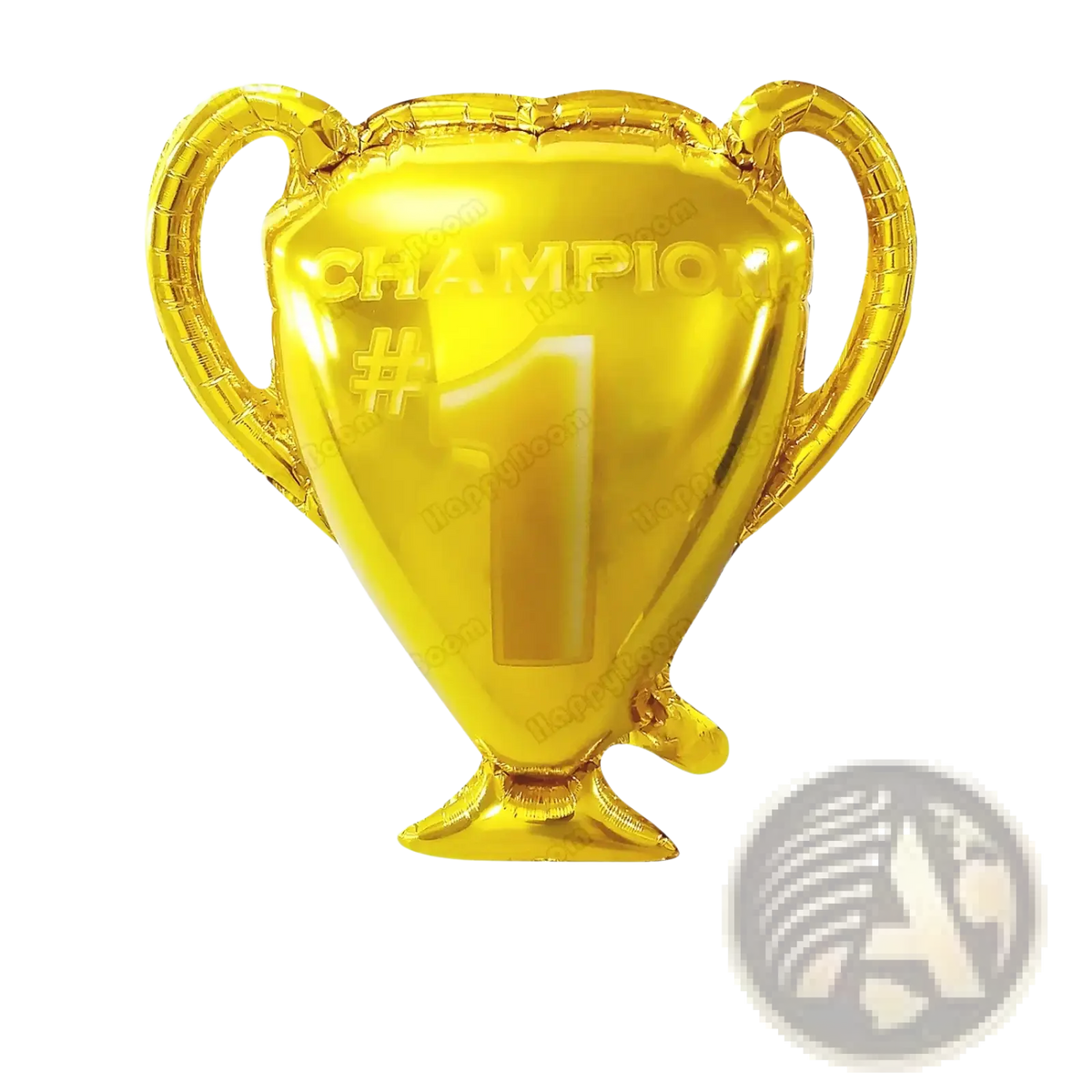 Golden foil balloon shaped like a championship trophy with champion number one embossed in pastel happy birthday letter balloon set daisy print