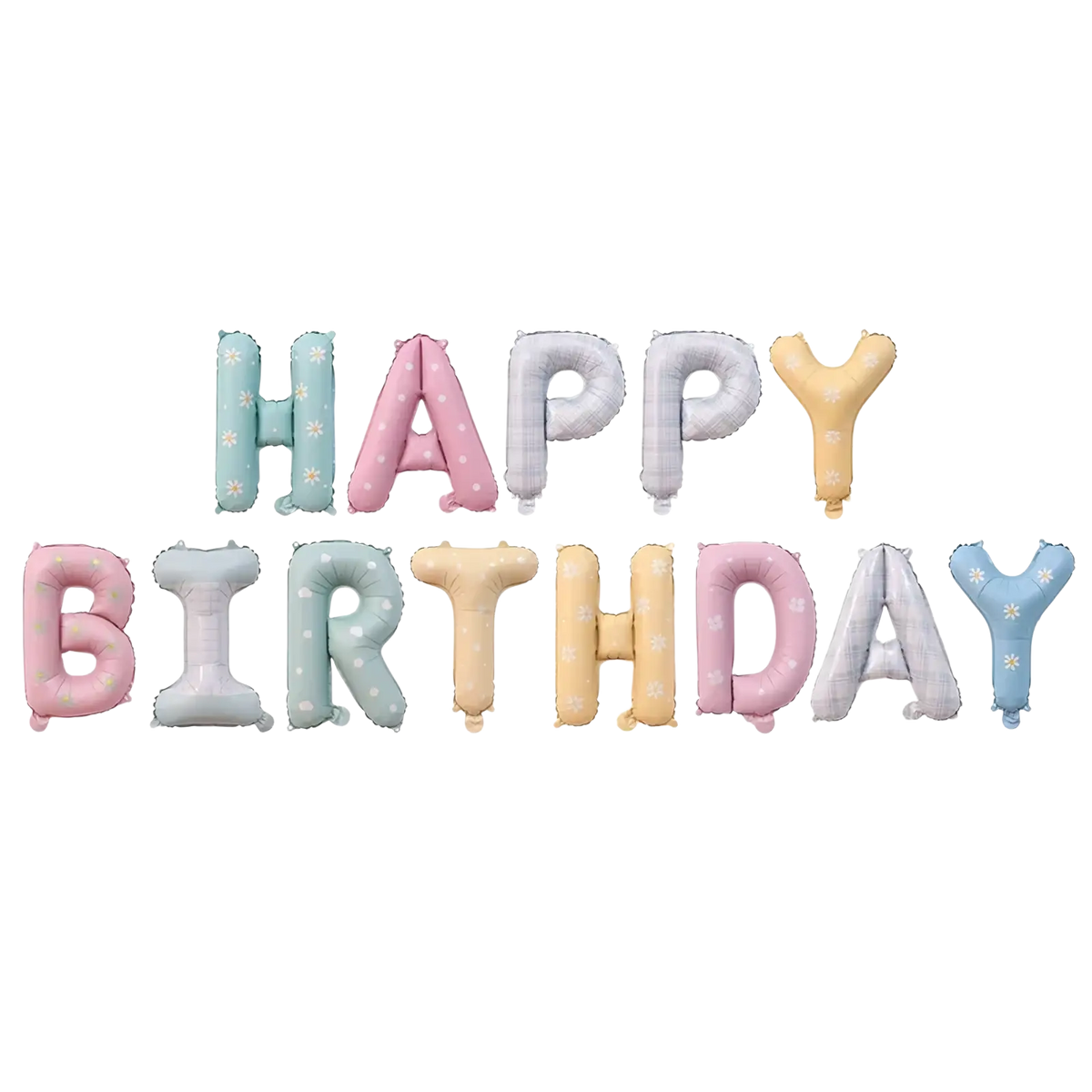 Pastel happy birthday letter balloon set with daisy print featuring shiny metallic foil and subtle snowflake pattern