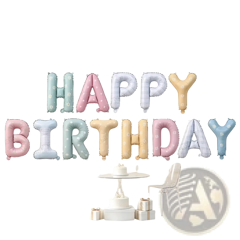 Pastel happy birthday letter balloon set in soft pink mint green and beige foil with a subtle daisy print pattern
