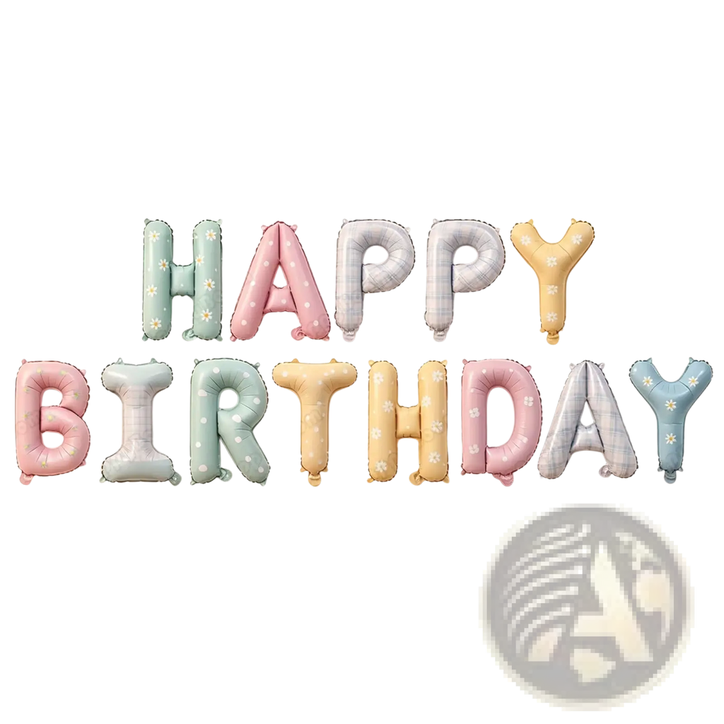 Pastel happy birthday letter balloon set with daisy print floral patterns and a soft metallic sheen for celebrations