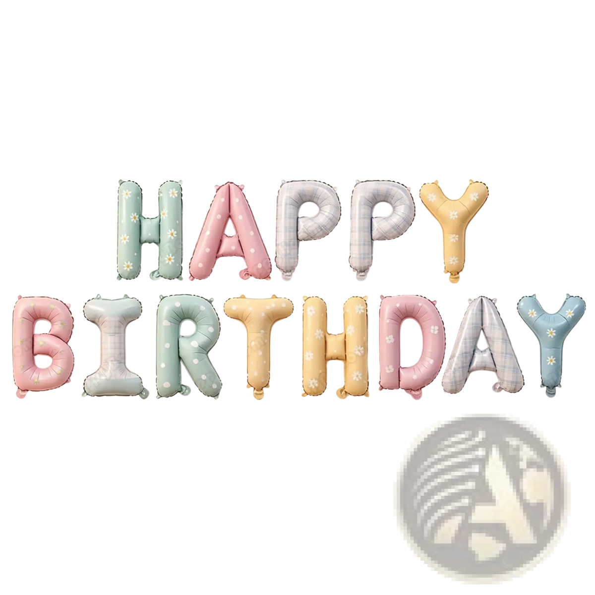 Pastel happy birthday letter balloon set with daisy print floral patterns and a soft metallic sheen for celebrations