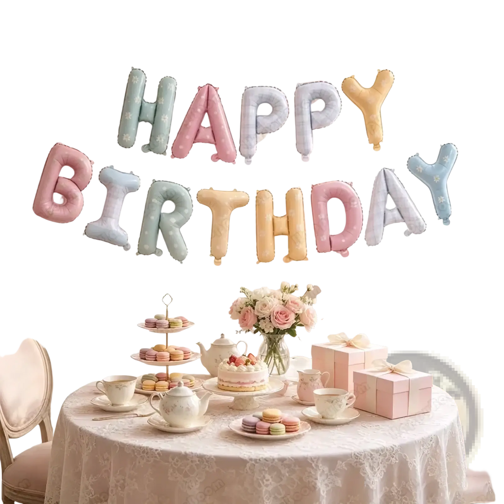 Pastel happy birthday letter balloon set with daisy print featuring pastel-colored balloons above a decorated table