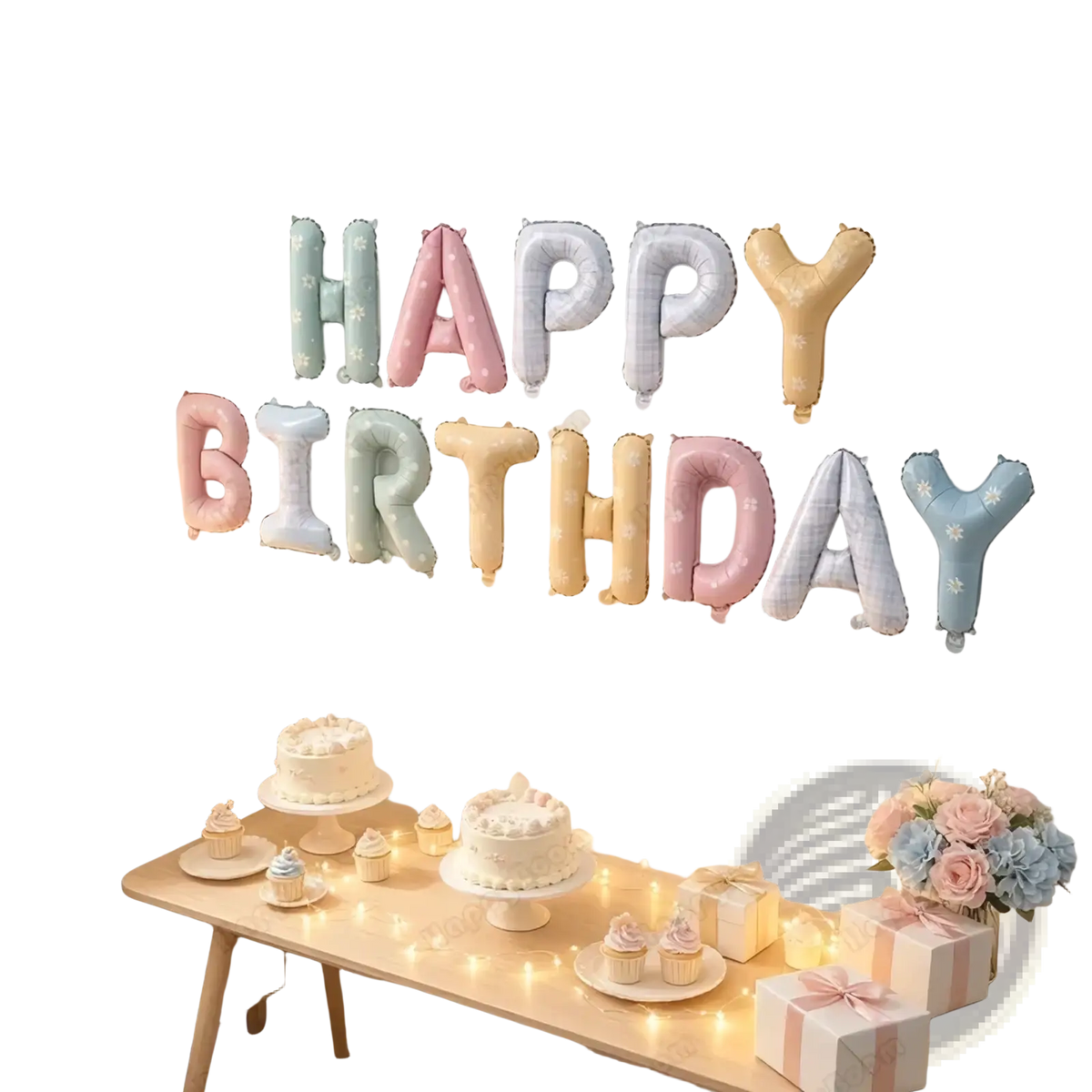 Pastel happy birthday letter balloon set in soft mint blush pink and gold foil with subtle star pattern for celebrations