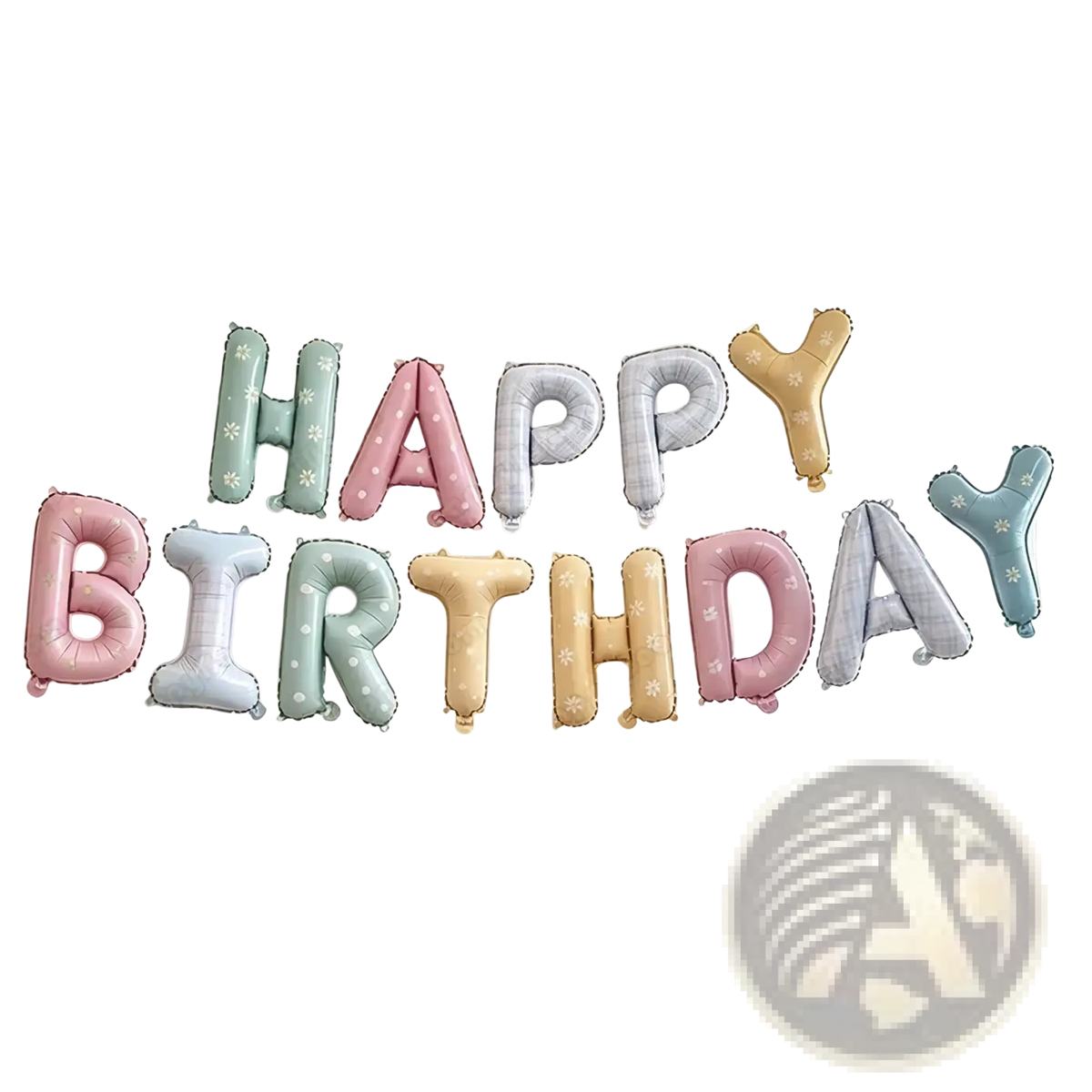 Pastel happy birthday letter balloon set with daisy print in soft mint blush pink and pale yellow with snowflake pattern