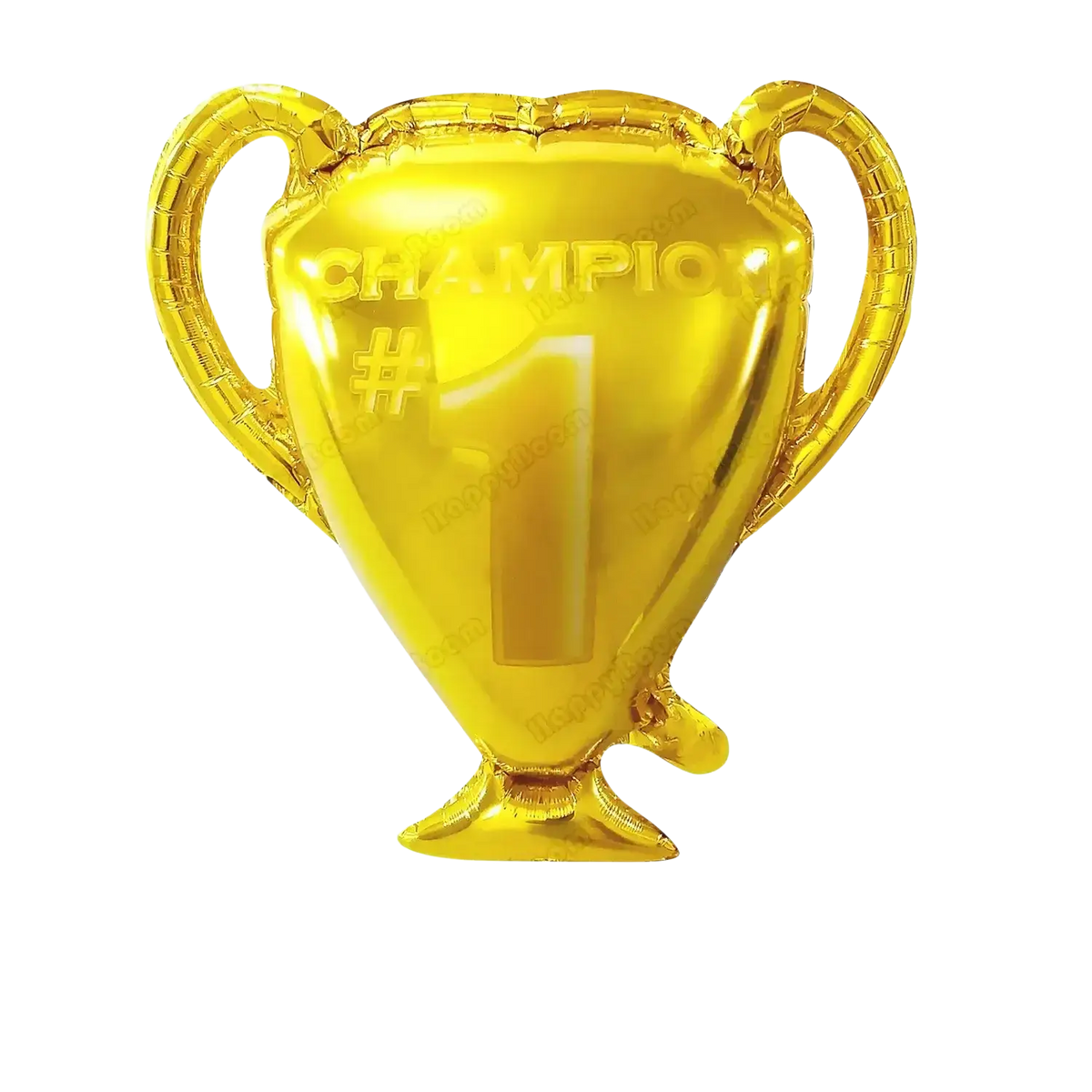 Golden foil balloon shaped like a champion trophy with champion number 1 embossed featured in pastel happy birthday letter balloon set daisy print