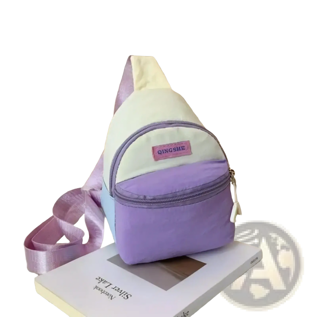 Pastel kids crossbody bag by Qingshe in pastel purple and cream with satin strap lightweight chest pack design
