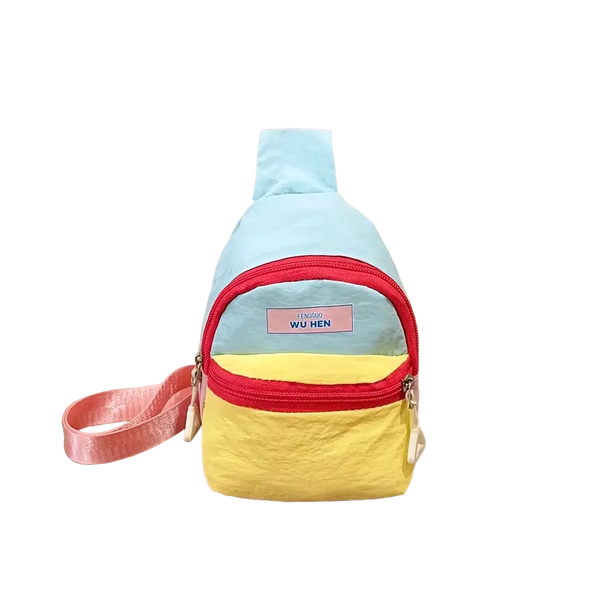 Pastel kids crossbody bag lightweight chest pack in pastel blue and yellow with red zipper trim and pink satin strap