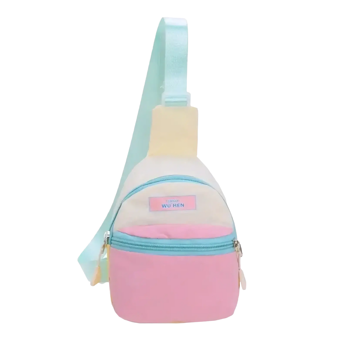 Pastel kids crossbody bag lightweight chest pack in pastel pink cream with mint green strap for easy carrying