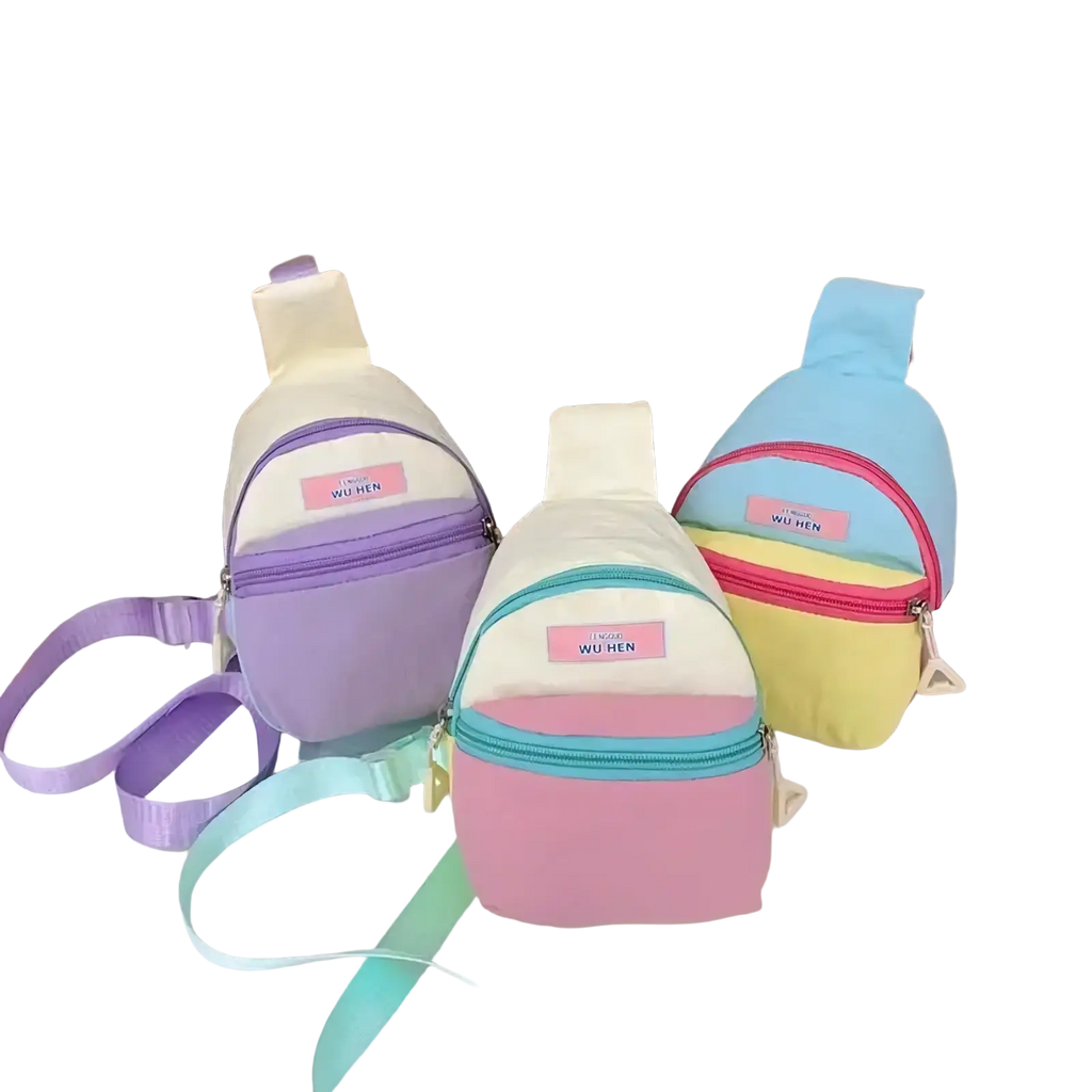 Pastel kids crossbody bag lightweight chest pack in soft fabric with rainbow zipper accents and pastel colors