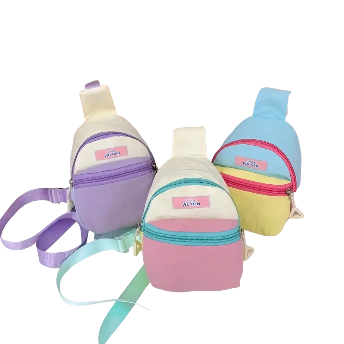 Pastel kids crossbody bag lightweight chest pack in soft fabric with rainbow zipper accents and pastel colors