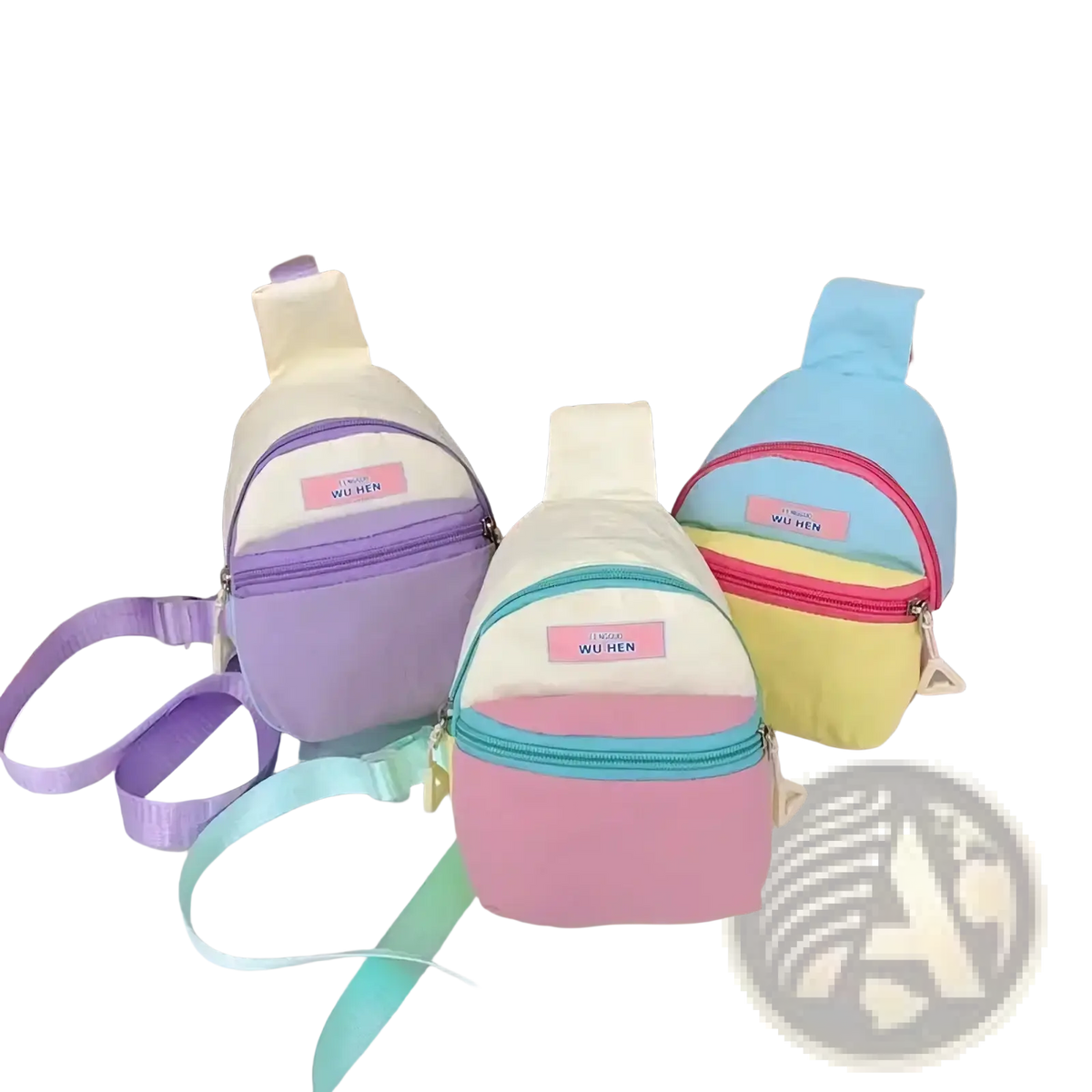Pastel kids crossbody bag lightweight chest pack in soft fabric with rainbow zipper accents and pastel colors