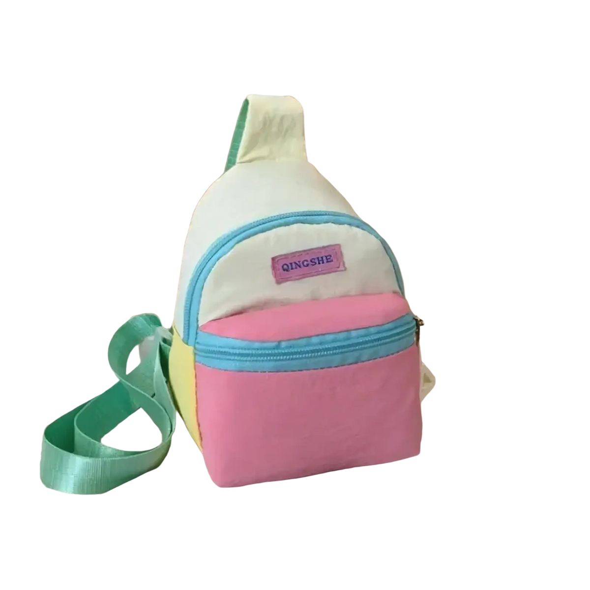 Pastel kids crossbody bag lightweight chest pack with pastel white pink yellow body and light blue zippers and straps