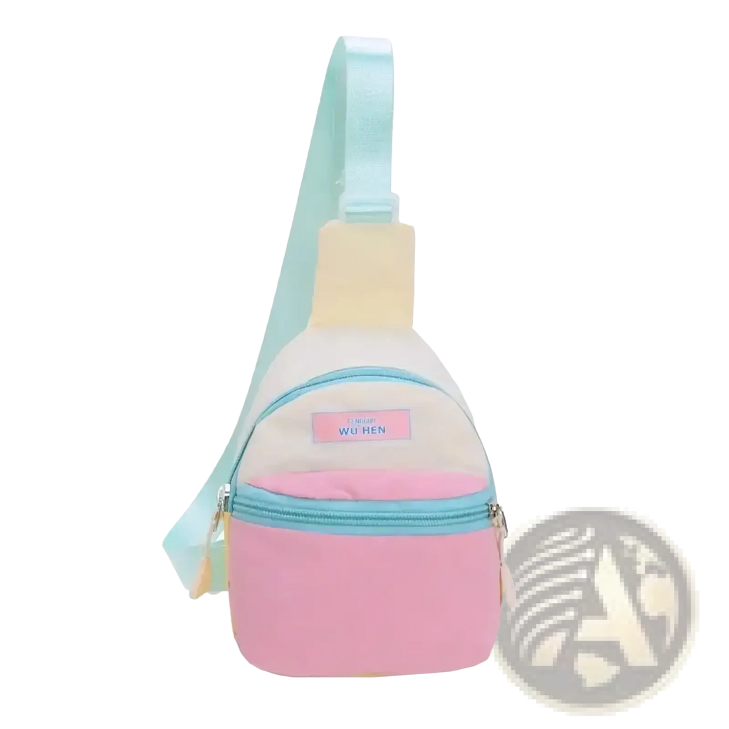 Pastel kids crossbody bag lightweight chest pack in pastel pink cream with mint green strap for easy carrying