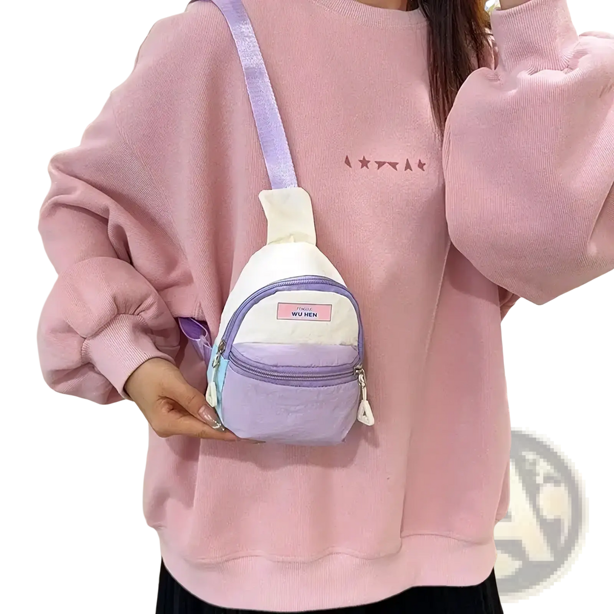 Pastel kids crossbody bag lightweight chest pack in pastel lavender and cream with soft fabric finish