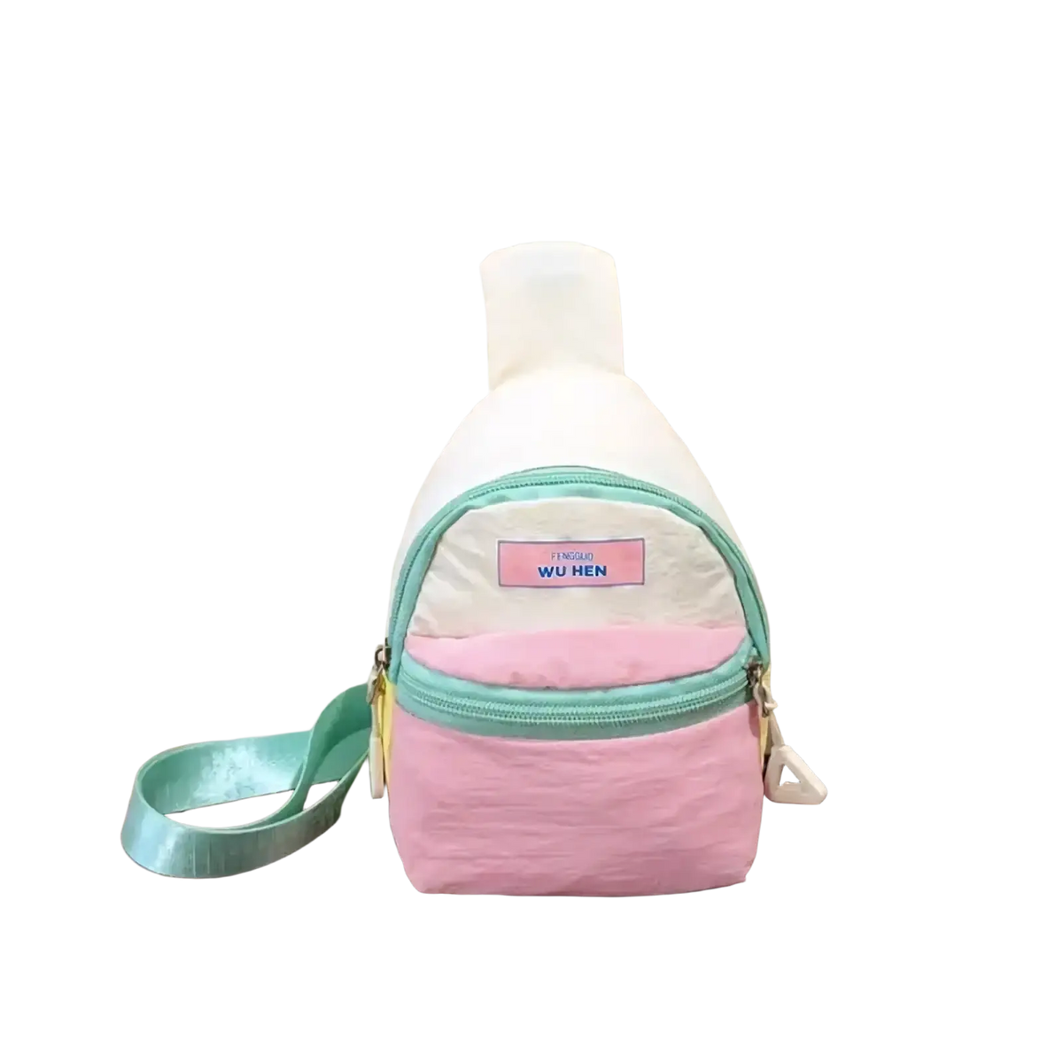 Pastel kids crossbody bag lightweight chest pack in pastel pink and white with mint green zipper trim and matching strap