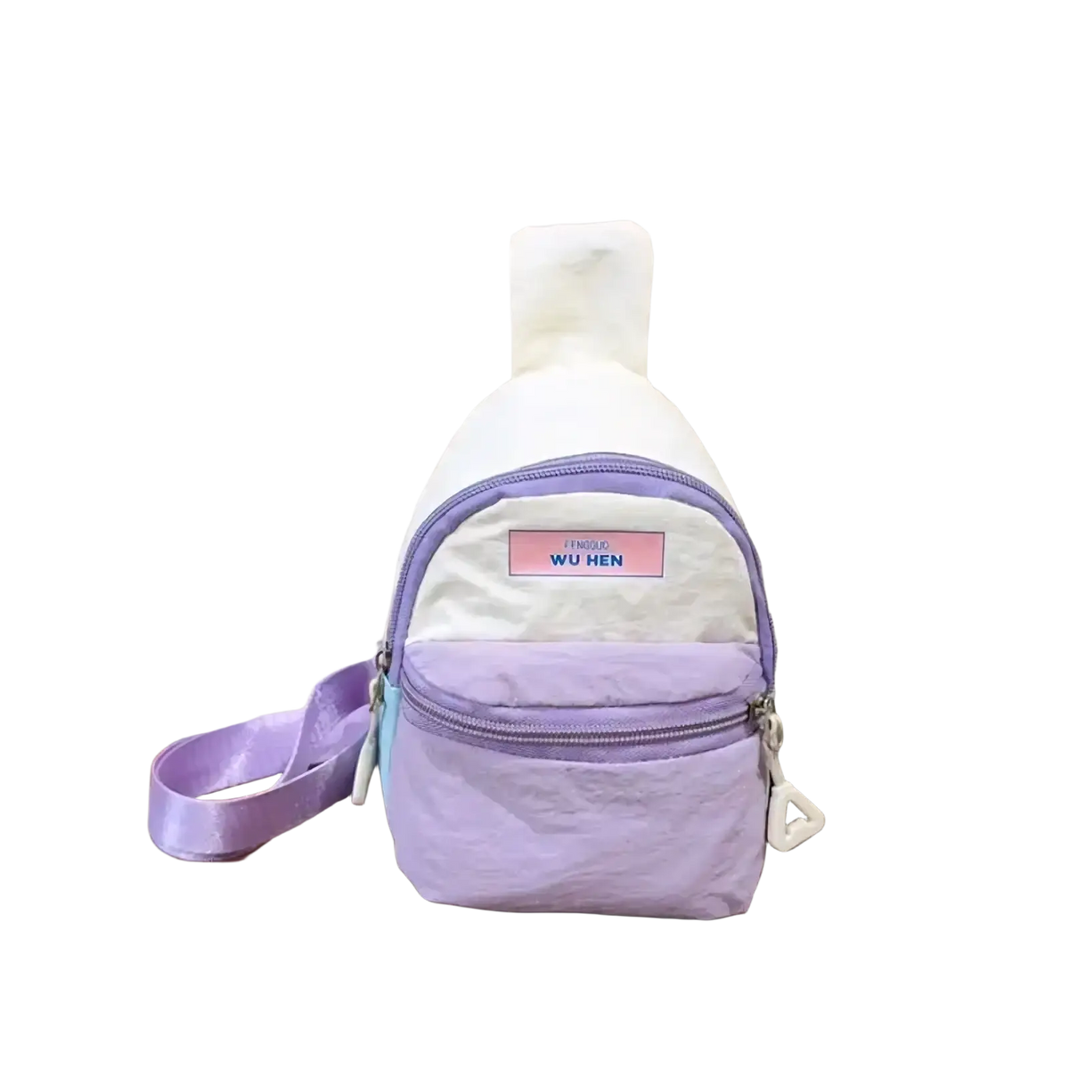 A soft lavender and white pastel kids crossbody bag with plush top handle and purple zipper accents