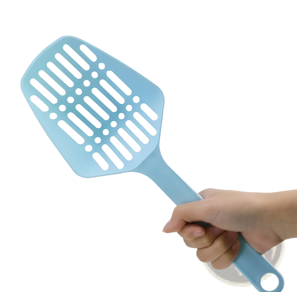 Light blue pastel plastic cat litter scoop with solid handle and slotted head for easy cleaning
